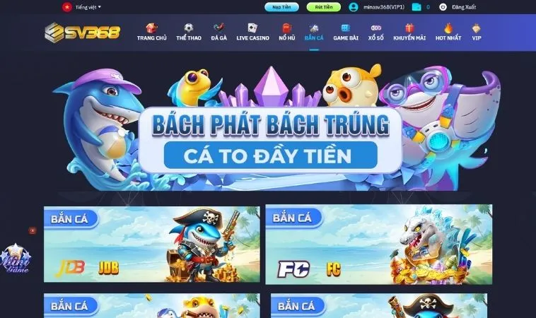 Sảnh bắn cá SV368 thiết kế giao diện đệp, chuyên nghiệp
