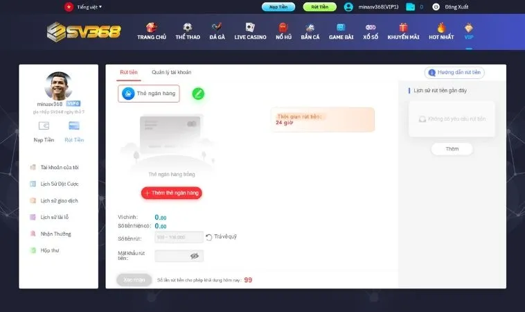 Rút Tiền SV368: Hướng Dẫn Nhanh Gọn Chuẩn Bet Thủ 2 Giao diện rút tiền SV368
